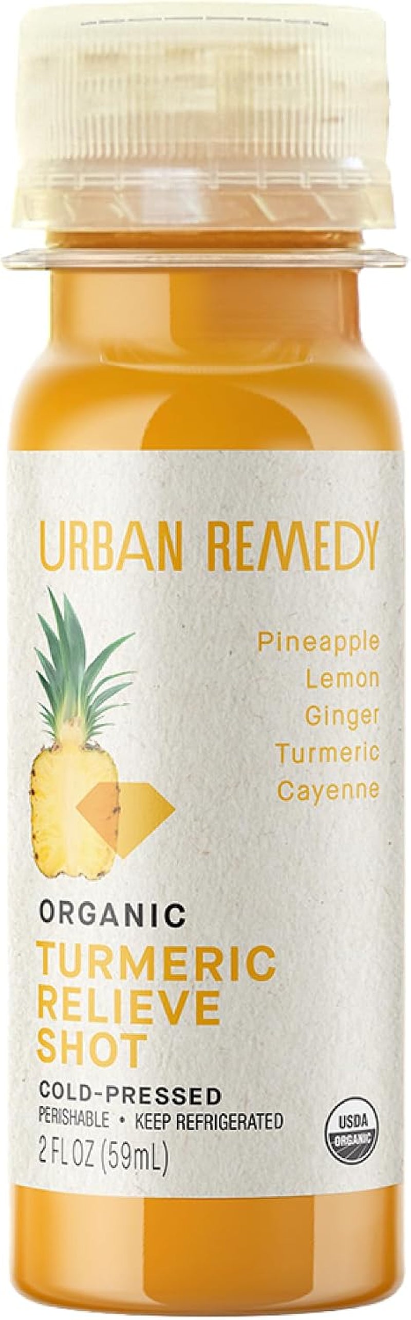 Organic Turmeric Relieve Shot, Cold-Pressed, 2 Fl Oz, Pineapple, Turmeric, Ginger & Cayenne, Digestive Support, Detox, Organic, Non-Gmo, Gluten-Free, Dairy-Free, Ready-To-Drink
