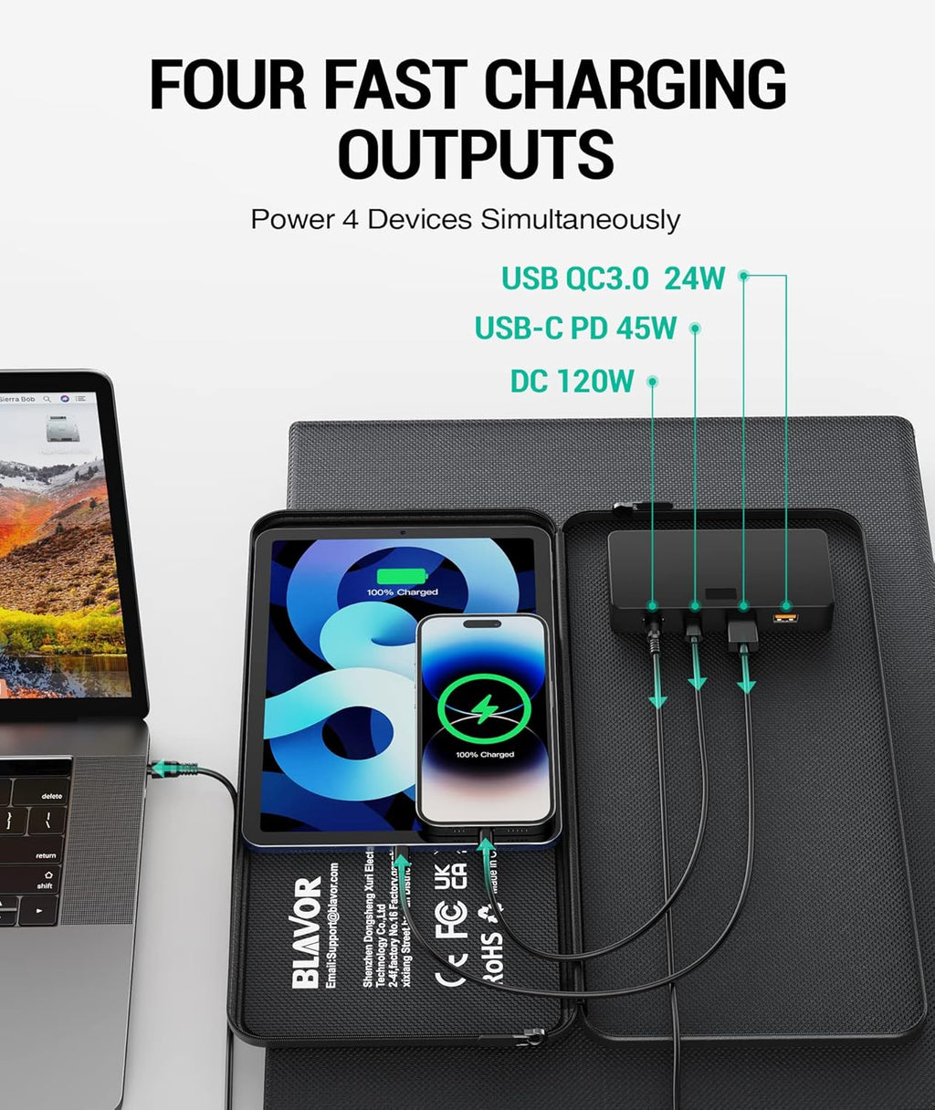 120W Portable Solar Panel PD45W QC3.0 Fast Solar Charger DC18V 6.67A USB A&C Output Compatible with Power Stations, Solar Generators, Phones, Tablets, for RV Camping, Off-Grid Road Trips