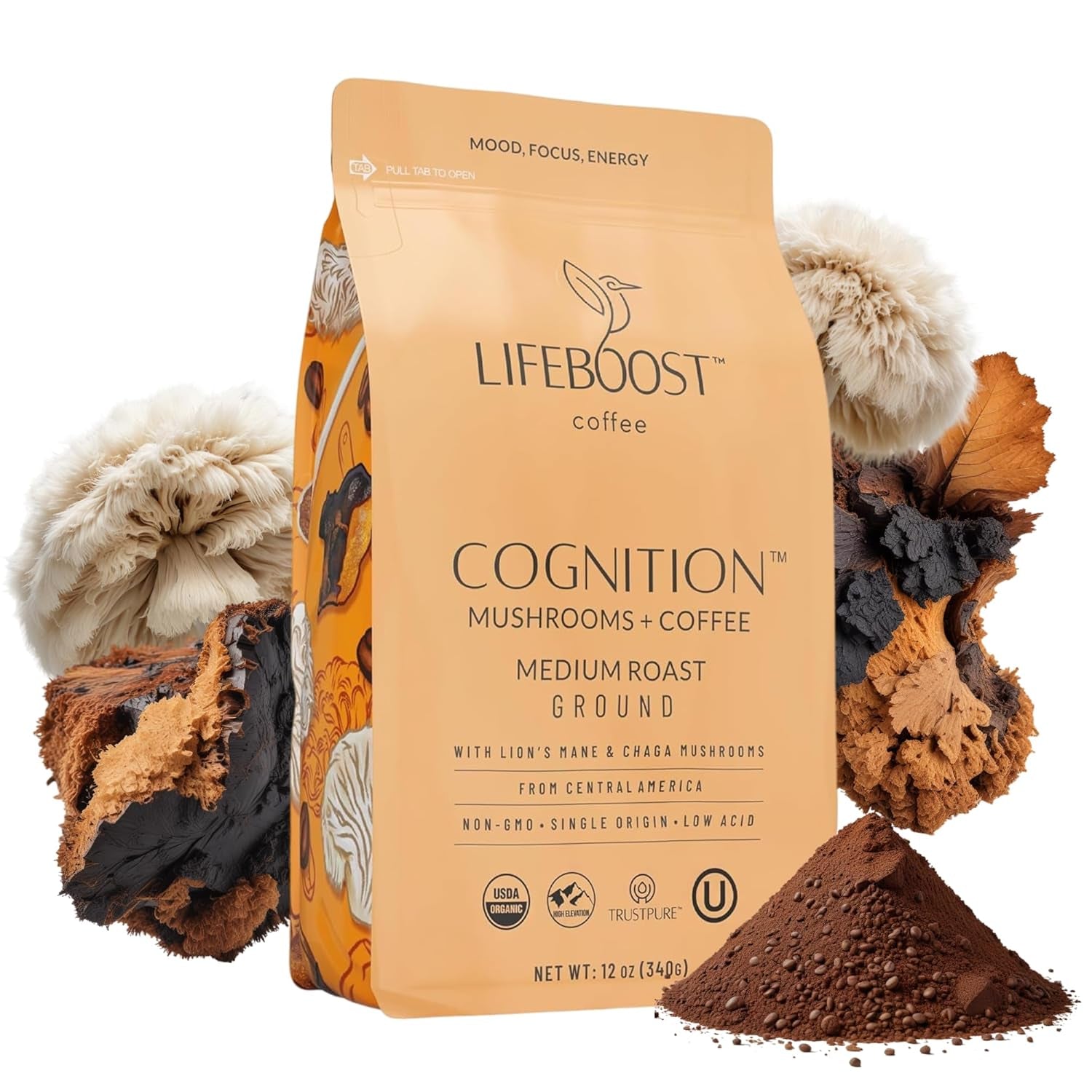 Cognition Focus Coffee for Calm Energy - Lion’S Mane Mushroom Coffee with Chaga - Organic Medium Roast Nootropic Coffee - Low Acid Adaptogenic Coffee - 12 Oz Ground