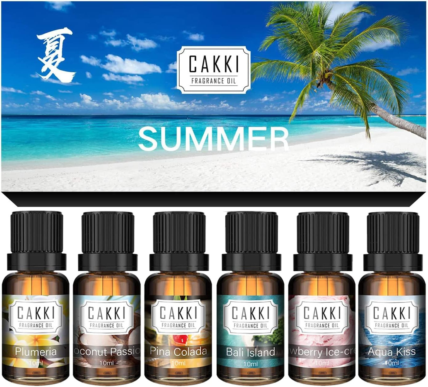 Summer Essential Oils for Diffusers for Home,  Fragrance Oils Set, Long Lasting, 6X10Ml with Coconut, Pina Colada, Aqua Kiss, Bali Island, Strawberry, Aromatherapy Oils, for Candles Making, Gifts