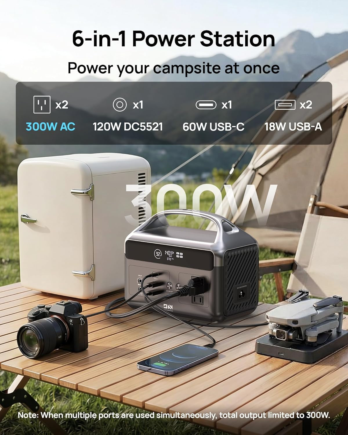 Portable Power Station, 192Wh Lifepo4 Battery Backup Solar Generator with W/2 300W (Peak 600W) AC Outlets, USB-C PD 60W Fast Charge, Power Bank for Camping, Outdoor, Home,Emergency