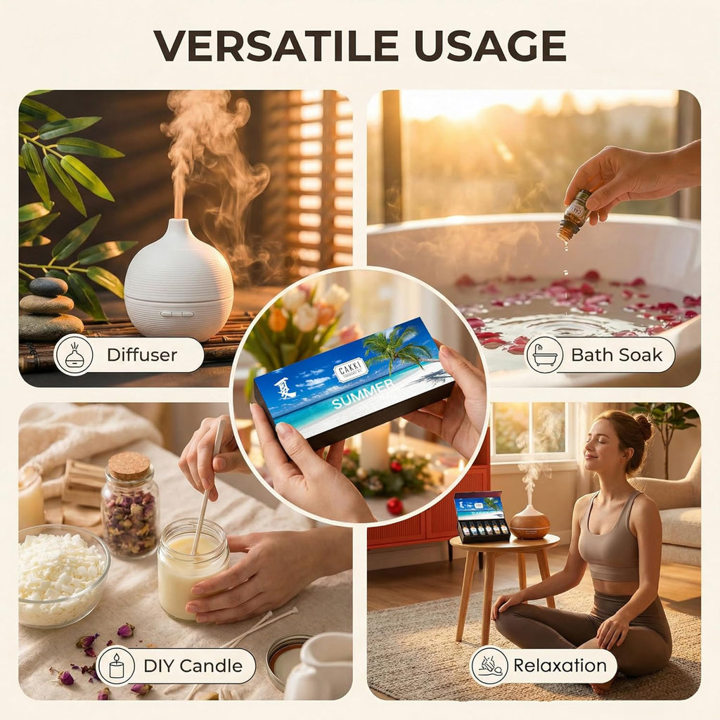 Summer Essential Oils for Diffusers for Home,  Fragrance Oils Set, Long Lasting, 6X10Ml with Coconut, Pina Colada, Aqua Kiss, Bali Island, Strawberry, Aromatherapy Oils, for Candles Making, Gifts