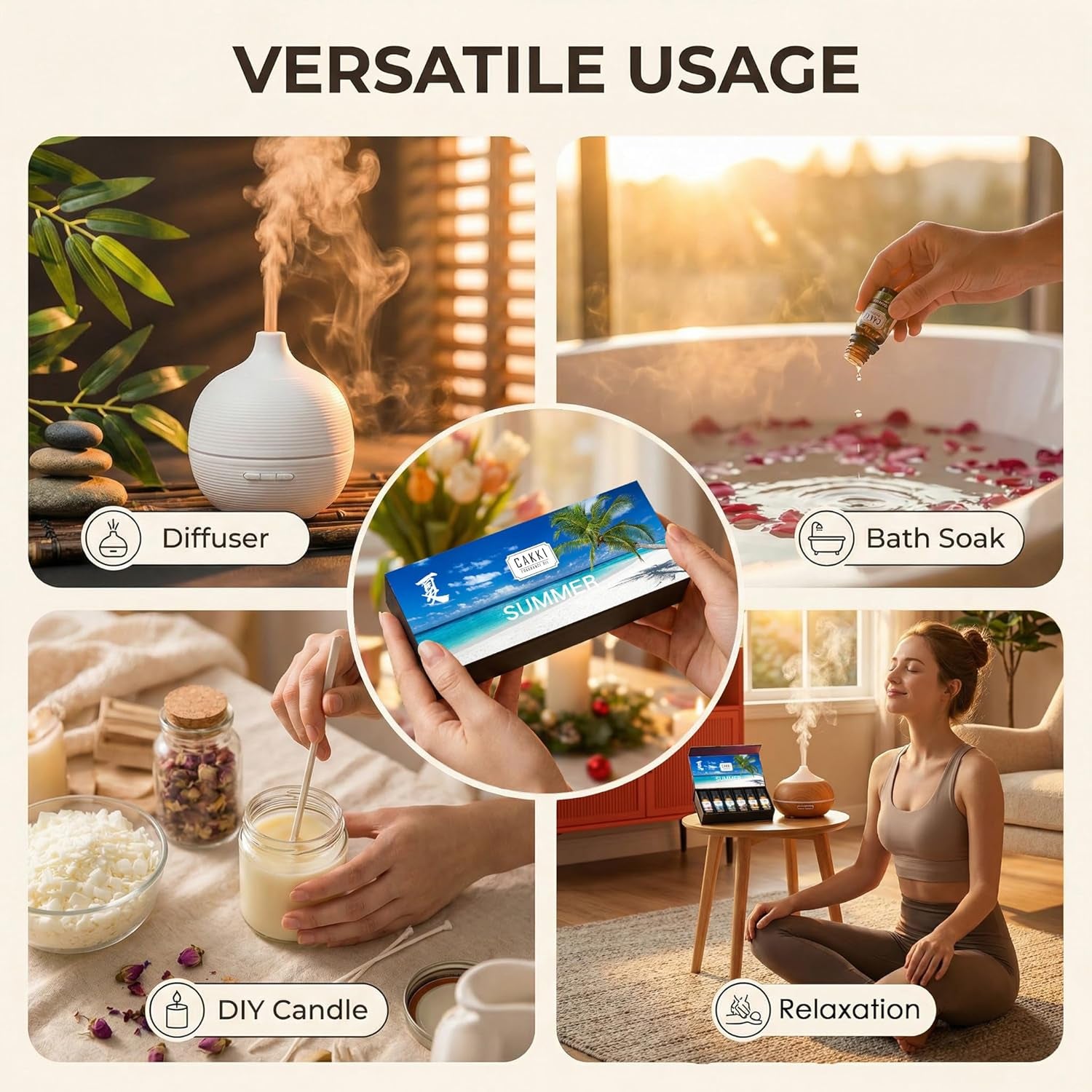 Summer Essential Oils for Diffusers for Home,  Fragrance Oils Set, Long Lasting, 6X10Ml with Coconut, Pina Colada, Aqua Kiss, Bali Island, Strawberry, Aromatherapy Oils, for Candles Making, Gifts