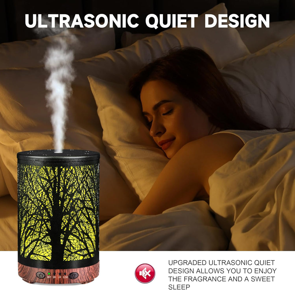 Essential Oil Diffuser 120ML Metal Aromatherapy Diffuser with Timer, Cool Mist Humidifier with Auto Shut-Off & 7 Color Lights for Home Office Spa (Tree)