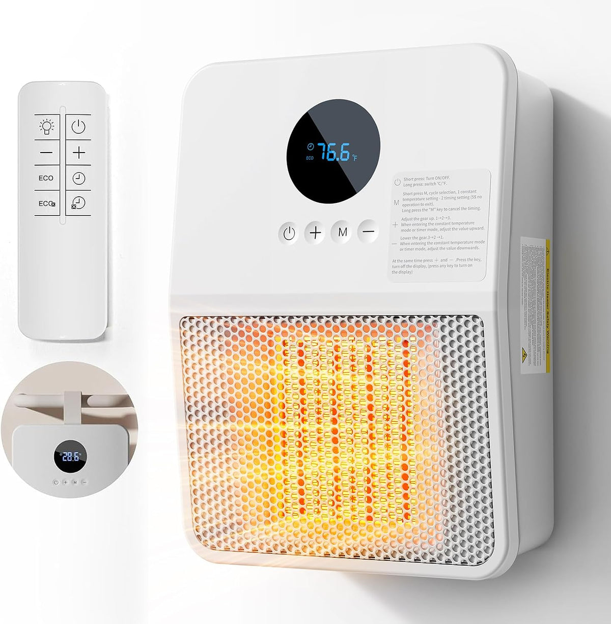Wall Heater for Indoor Use, 1500W PTC Ceramic Space Heater, Remote