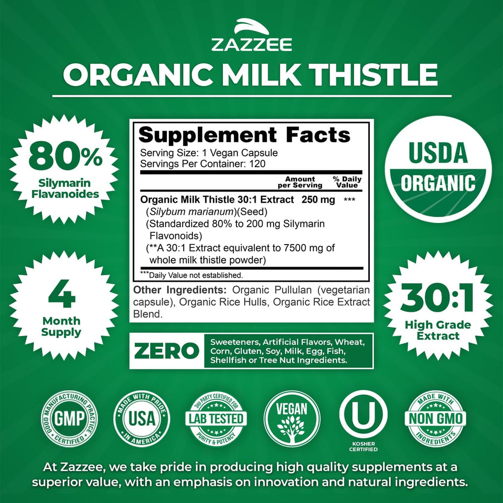 USDA Organic Milk Thistle 30:1 Extract, 80% Silymarin, 120 Vegan Capsules, 4 Month Supply, Certified Kosher, High Potency Liver & Antioxidant Support, Silybum Marianum, Non-Gmo, Made in the USA