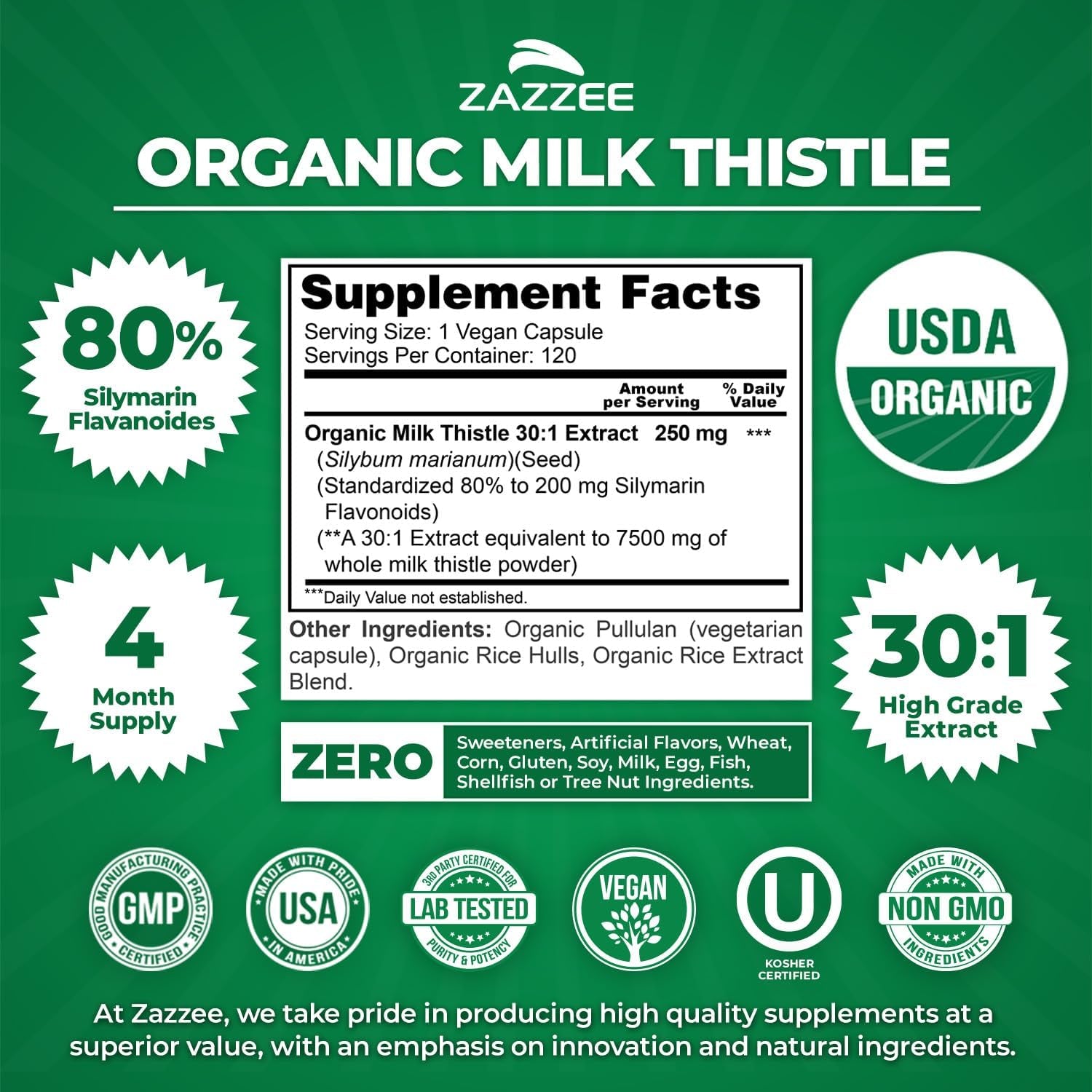 USDA Organic Milk Thistle 30:1 Extract, 80% Silymarin, 120 Vegan Capsules, 4 Month Supply, Certified Kosher, High Potency Liver & Antioxidant Support, Silybum Marianum, Non-Gmo, Made in the USA