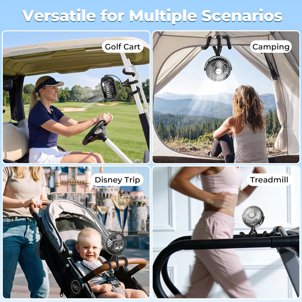 Battery Operated Stroller Fan, Baby Travel Essentials for Beach Disney, Newborn Boy & Girl Showers Gifts Registry Search, Rechargeable Clip on Fan for Car Seat Wagon Crib Bike Treadmill
