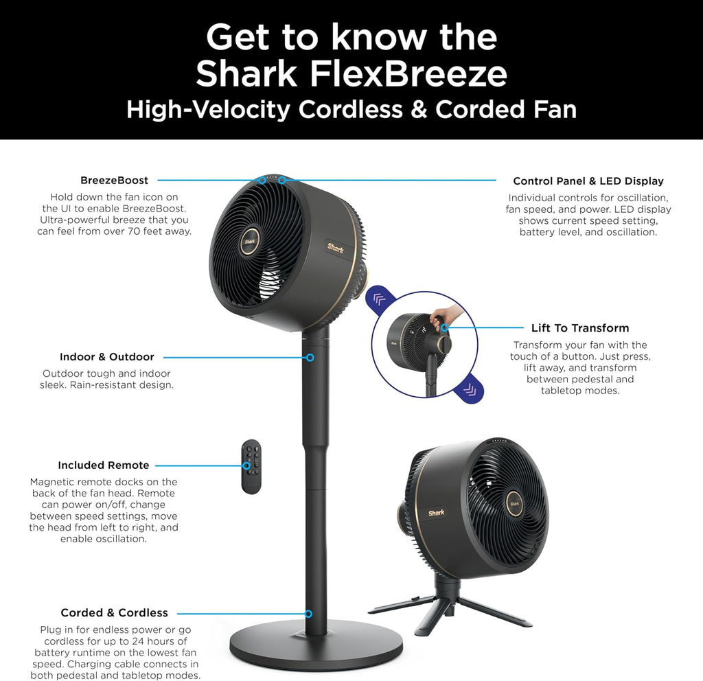 Shark Flexbreeze Fan, Indoor & Outdoor Oscillating Cooling Fan, Floor & Tabletop, Portable Cordless & Corded, Bedroom, Office & Patio Fan, Instacool Misting Attachment & Remote, Grey, FA222​