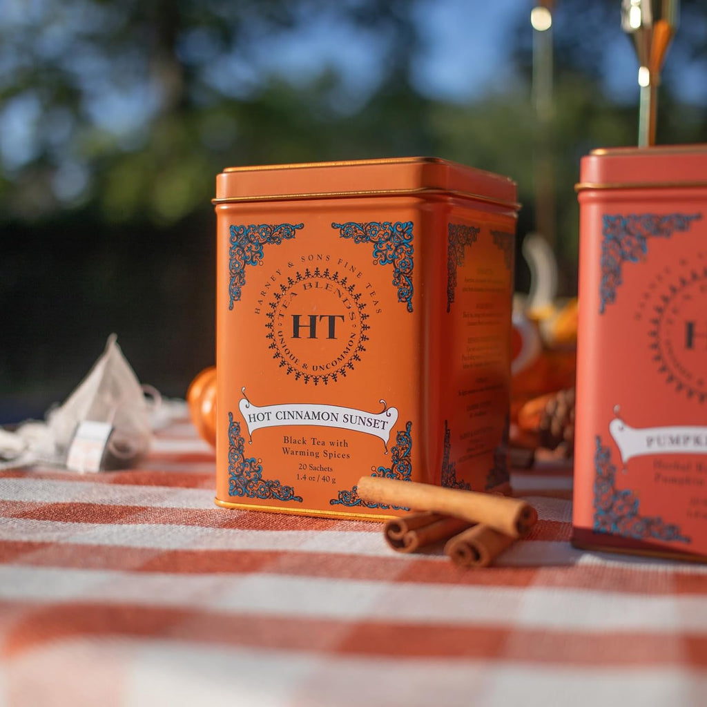 Caffeinated Hot Cinnamon Sunset Black Tea with Orange and Cloves Tin 20 Sachets (Pack of 1)