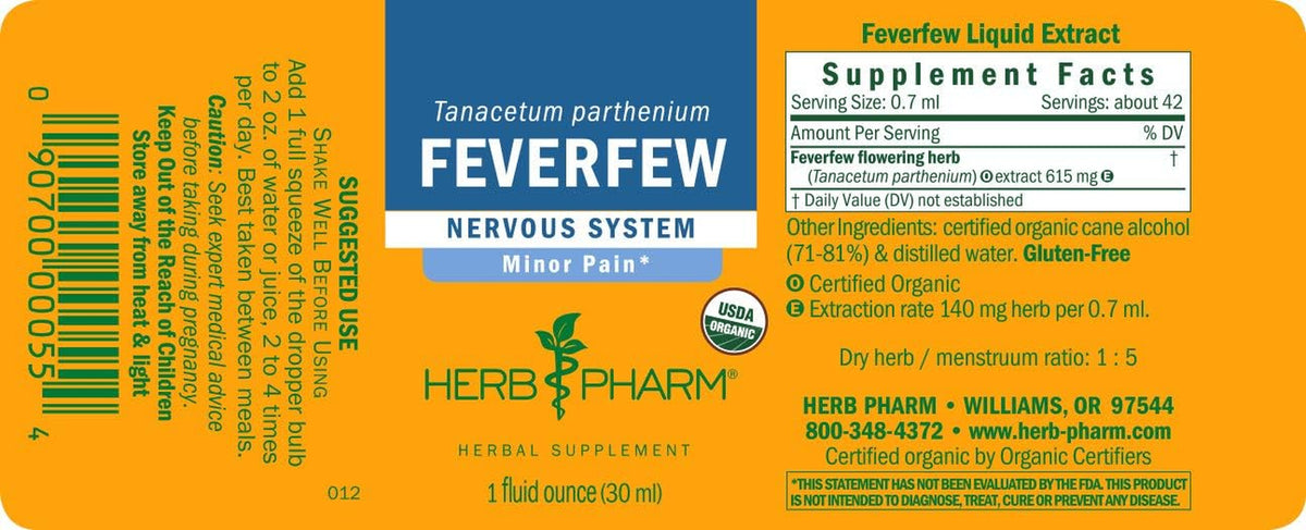 Certified Organic Feverfew Liquid Extract Drops for Minor Pain Support, 1 Oz