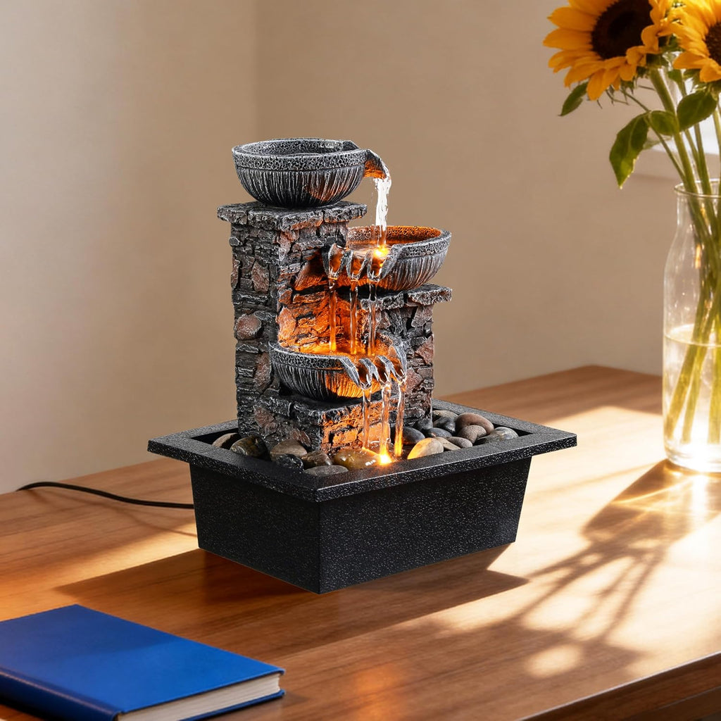 Tabletop Waterfall Fountain 3 Bowls with LED Light, Soothing Water Flow Sound, Zen Meditation Decor for Home and Office, Relaxation Water Fountains Indoor (23113)