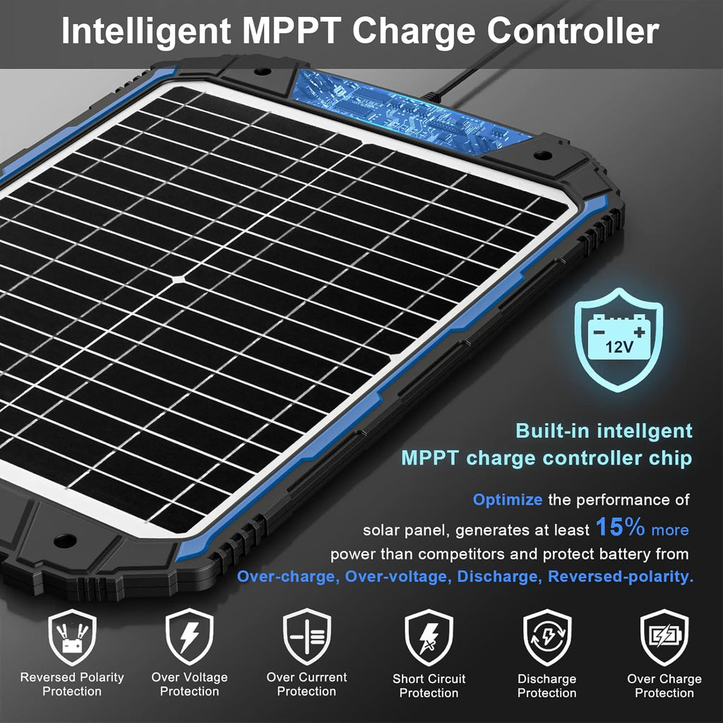 20W 12V Solar Battery Trickle Charger & Maintainer PRO, Built-In Intelligent MPPT Controller, Waterproof 12 Volt 20 Watt Solar Panel Charging Kits for Car Marine RV Trailer Boat Automotive