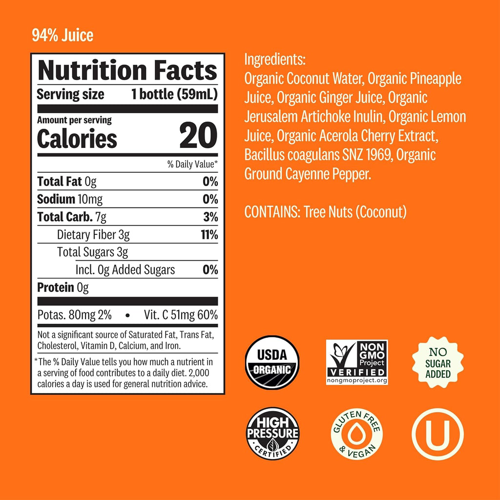 Organic Digestion Shot with Ginger, Apple Cider Vinegar and Ginseng, Immunity Support, Functional Shot, Cold-Pressed Juice with Live Probiotics, Plant-Based & Gluten-Free (2 Fl Oz)