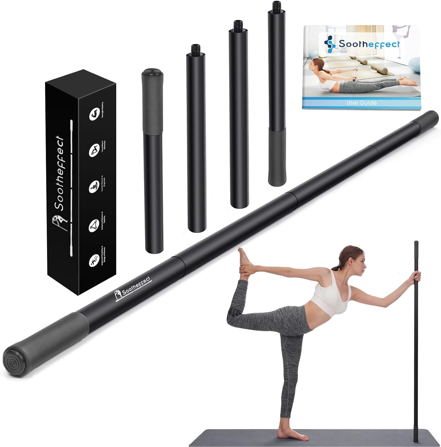 Adjustable Yoga Stick (30/45/60 In), Fully Foam-Sleeved Steel Stretching & Mobility Stick with Exercise Guide, Portable Fitness & Rehab Tool, Carry Bag Included