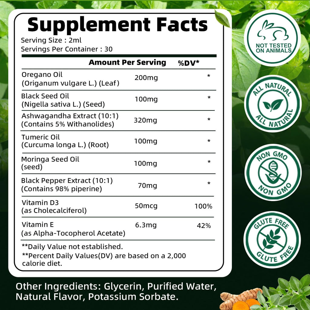 Oil of Oregano with Black Seed Oil | 8 in 1 Organic Oregano Oil Drops with Ashwagandha, Moringa & Turmeric | Natural Herbal Supplements for Immune Support & Stress Relief | Vegan Friendly, 2 Fl Oz