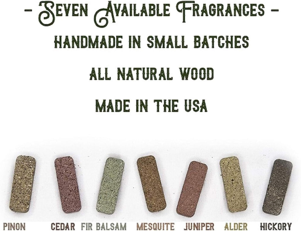 - 7 Scent Sampler Natural Wood Incense with Burner, Includes Piñon, Cedar, Juniper, Hickory, Alder, Mesquite, and Fir Balsam (70 Bricks) - Made in the USA