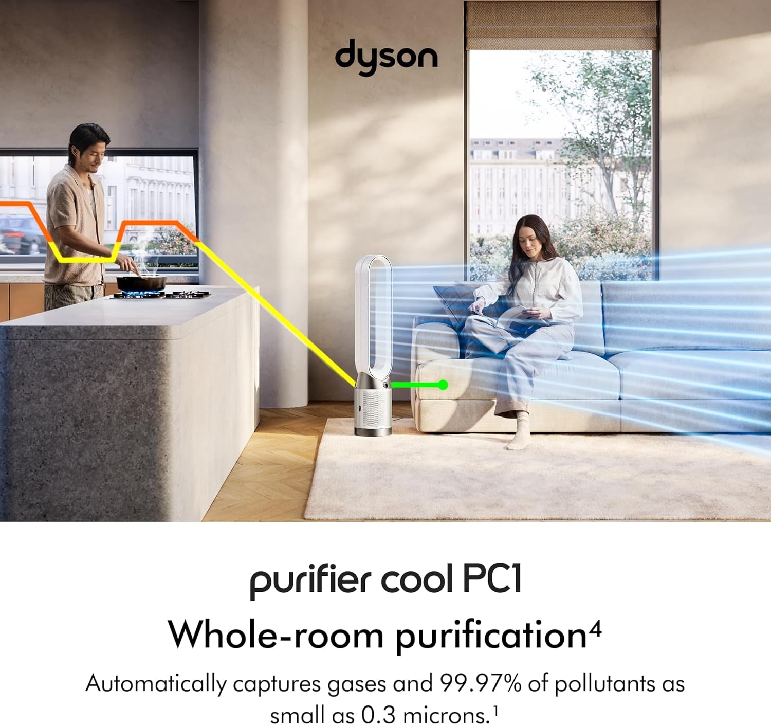 Dyson Purifier Cool PC1, HEPA Air Purifier Tower Fan, App and Remote Controlled, 350° Oscillation, 10 Levels, Bladeless (White)