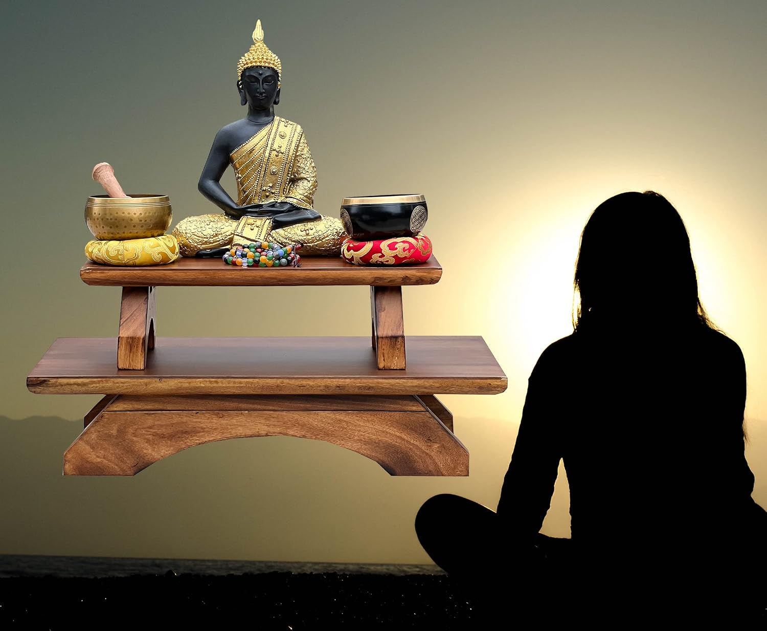 Premium Solid Wood Hand Carved Personal Shrine Altar Meditation Table Multi Levels (9" High)