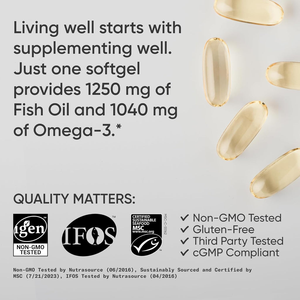 Sports Research® Omega-3 Fish Oil 1250Mg from Wild Alaska Pollock,180 Count | Always Fresh Never Fishy, 690Mg EPA 260Mg DHA per Softgel, MSC Certified Sustainable, Heart & Brain Health, Non-Gmo, Soy Free