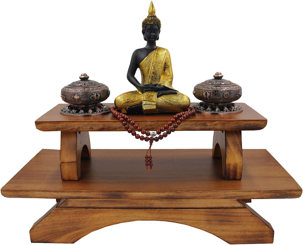 Premium Solid Wood Hand Carved Personal Shrine Altar Meditation Table Multi Levels (9" High)