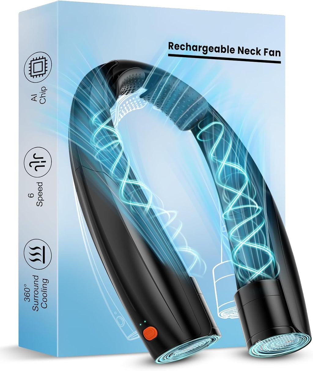 Portable Neck Fan, 6 Speeds Rechargeable Personal Fan with AI Chips, Hands-Free 360° Faster Cooling Wearable Fan, Ultra Quiet for Home, Office, Travel, Indoor, Outdoor - Black