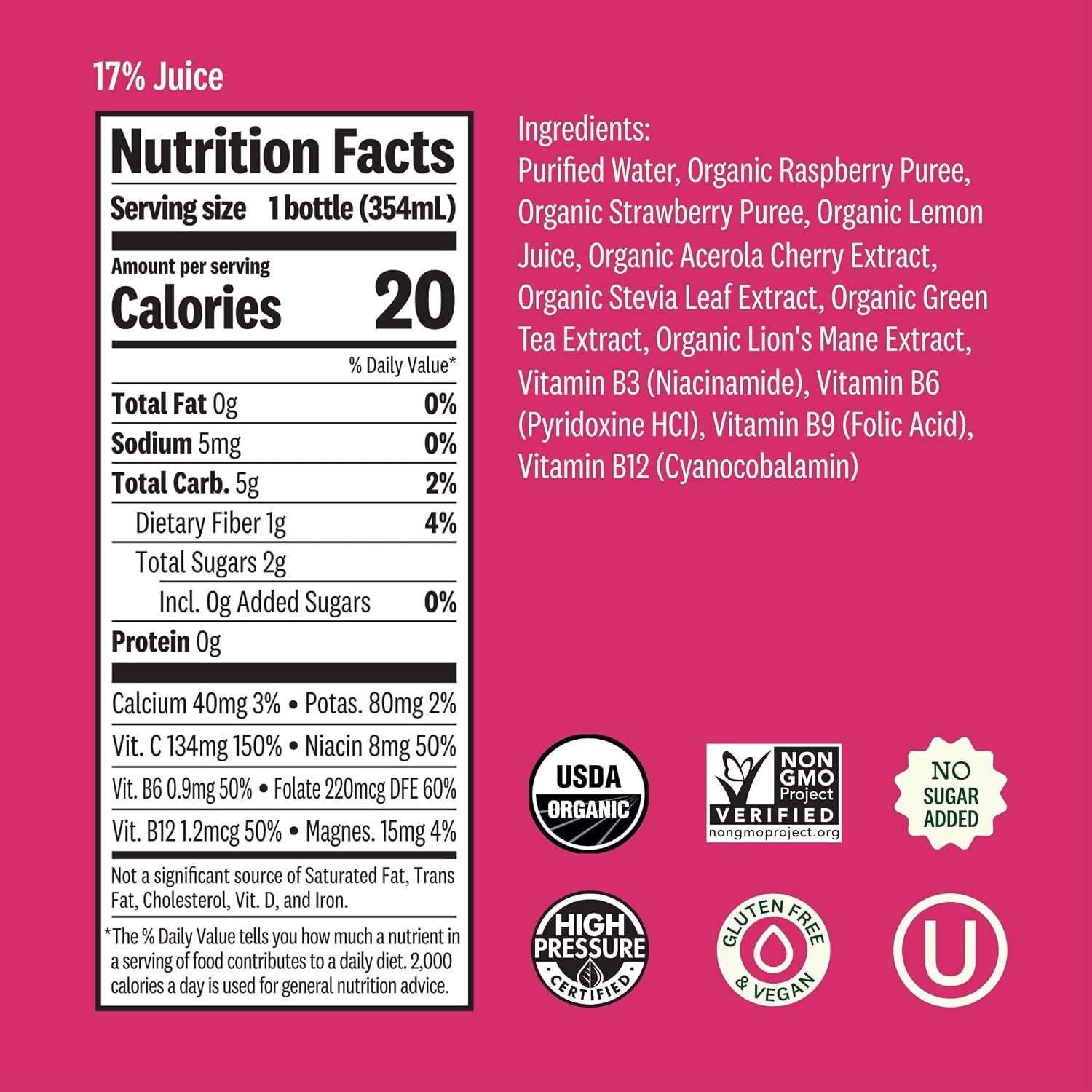 Organic Energize Raspberry Lemon Cold Pressed Juice Drink, 12 Fl Oz Bottle