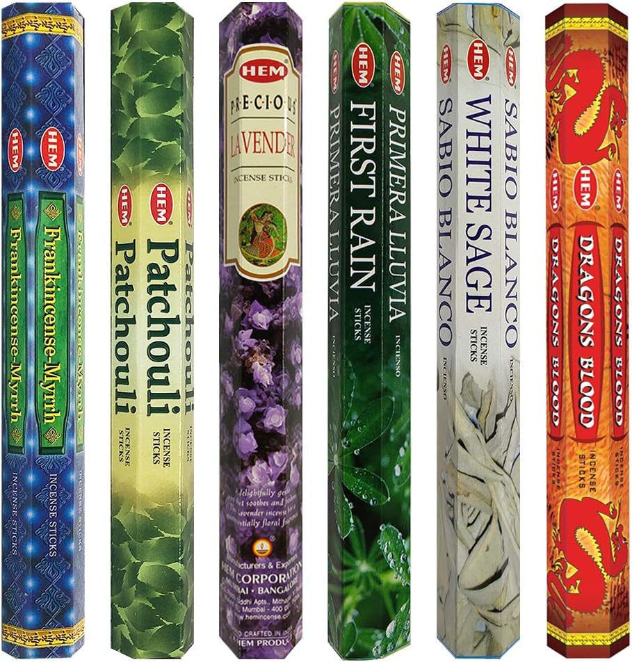 Hem Incense Sticks Variety Pack #23-120 Insence-Sticks (6 Incents X 20 Insense) + Incense Stick Holder with 6 Most Liked Scents Including Patchouli Dragons Blood White Sage Frankincense-Myrrh