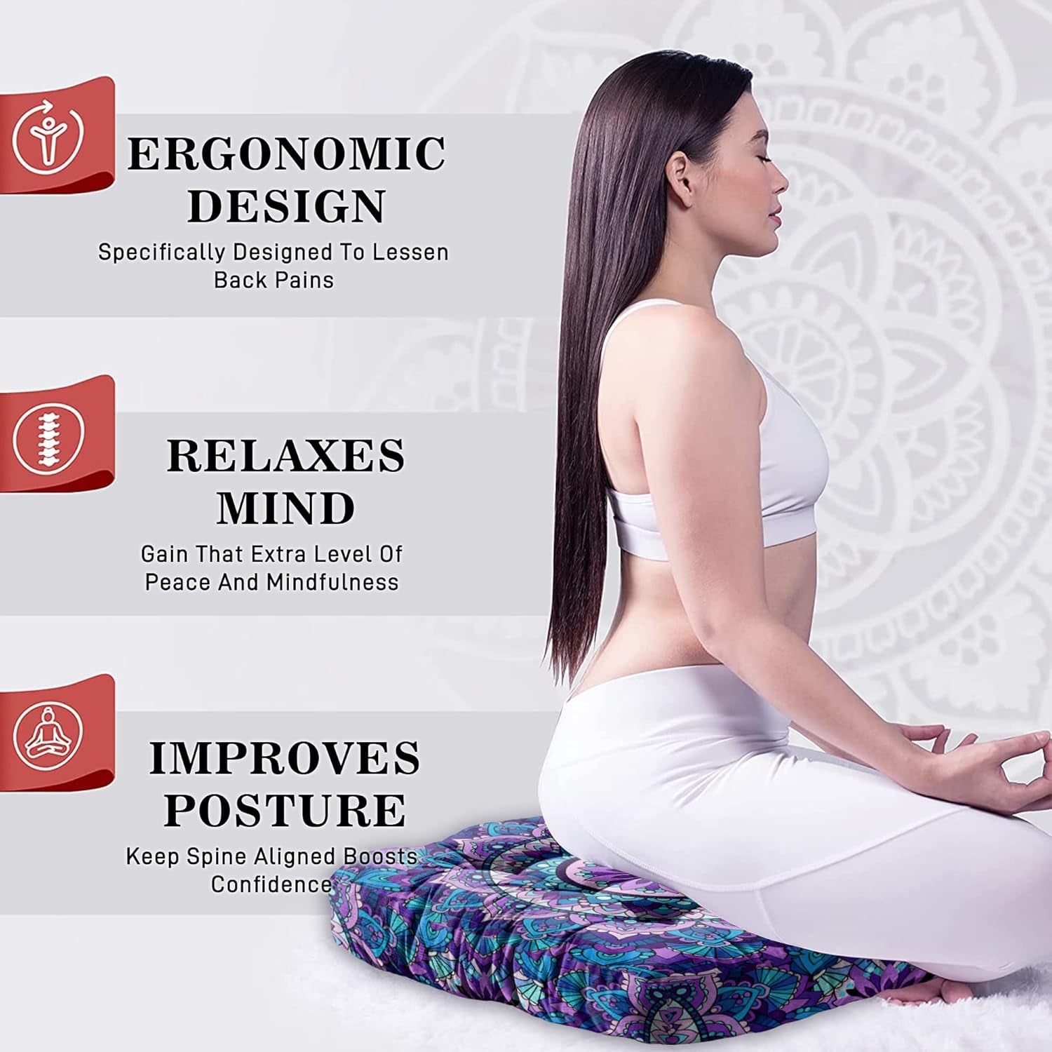 Mandala Meditation Cushion, Boho Meditation Mat, Meditation Pillows for Sitting on Floor, Cushions for Sitting in Home and Outdoor, Square Floor Pillow Cushion Seating for Yoga Accessories 22'' X 22''