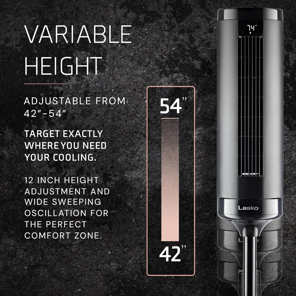 Lasko Elevation Tower Fan for Bedroom, Office, and Living Room - 42”-54” Adjustable Height Cooling with 31 Ft/S Airflow and 90° Oscillation- Quiet 28 Db Operation - Remote Control - Black