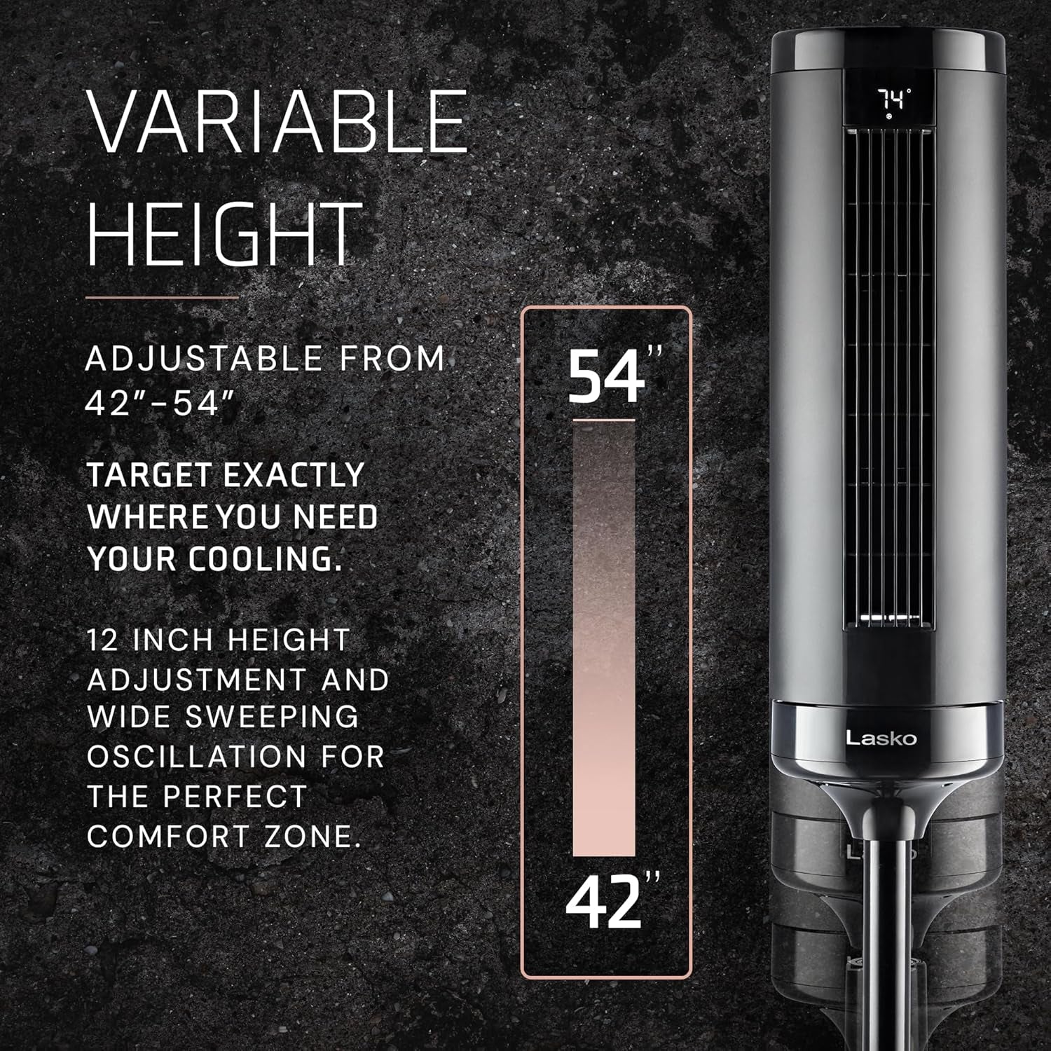 Lasko Elevation Tower Fan for Bedroom, Office, and Living Room - 42”-54” Adjustable Height Cooling with 31 Ft/S Airflow and 90° Oscillation- Quiet 28 Db Operation - Remote Control - Black