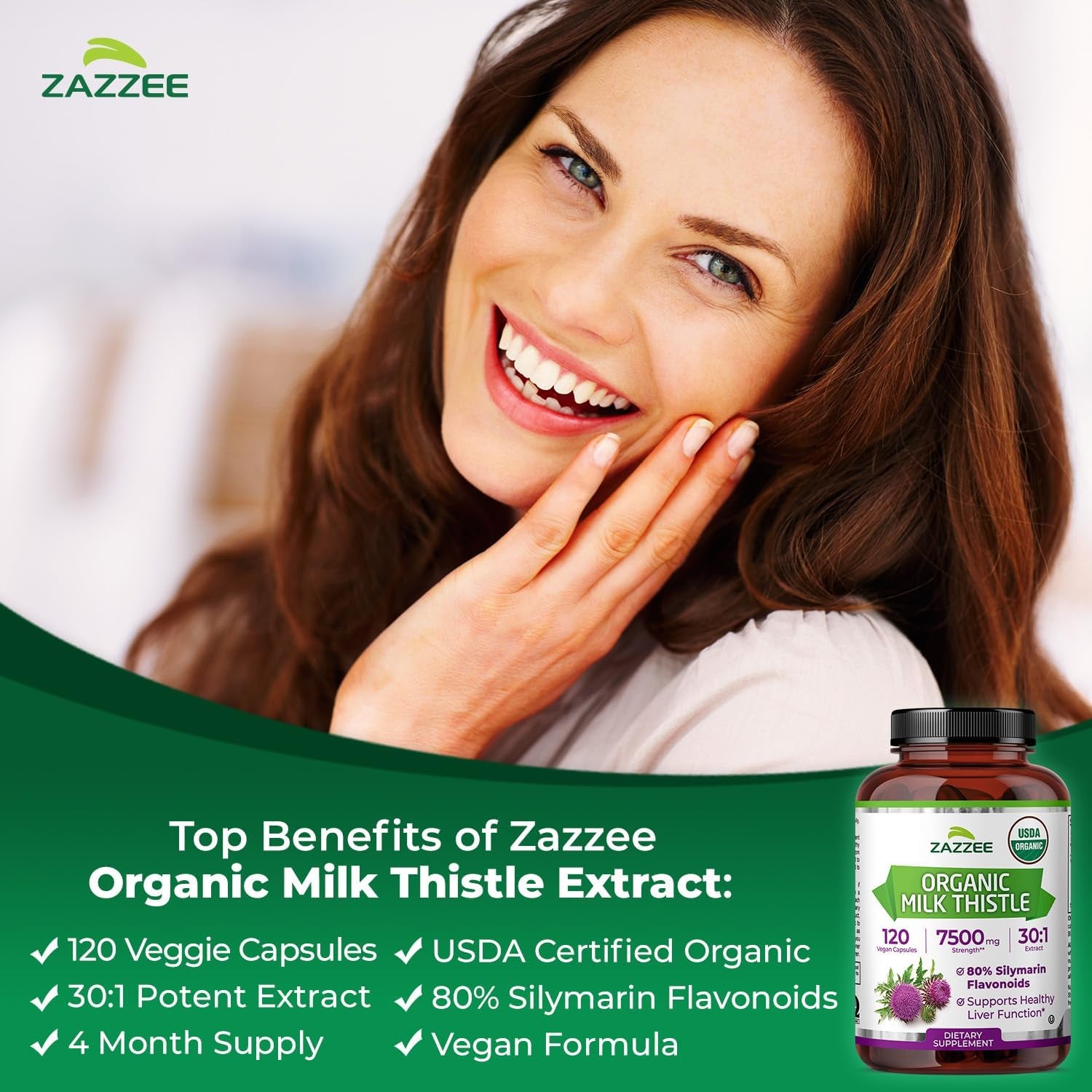 USDA Organic Milk Thistle 30:1 Extract, 80% Silymarin, 120 Vegan Capsules, 4 Month Supply, Certified Kosher, High Potency Liver & Antioxidant Support, Silybum Marianum, Non-Gmo, Made in the USA