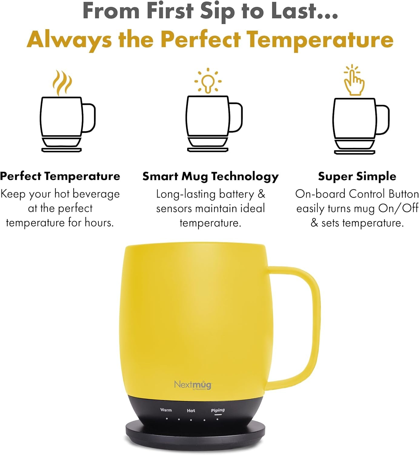 Nextmug - Temperature-Controlled, Self-Heating Coffee Mug (Sunshine - 14 Oz.)