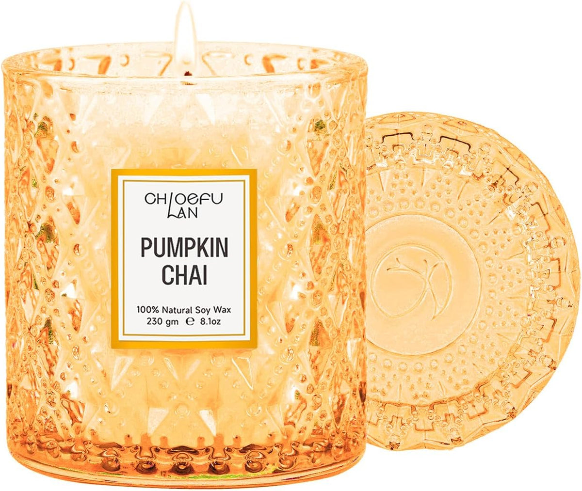 Pumpkin Chai Candles Halloween Candle Gift, Farmhouse Candles for Home, Luxury Scented Soy Jar Fall Candle with up to 55 Hour Long Lasting, Home Decor, Barn Fall Decor Pottery, 8.1Oz