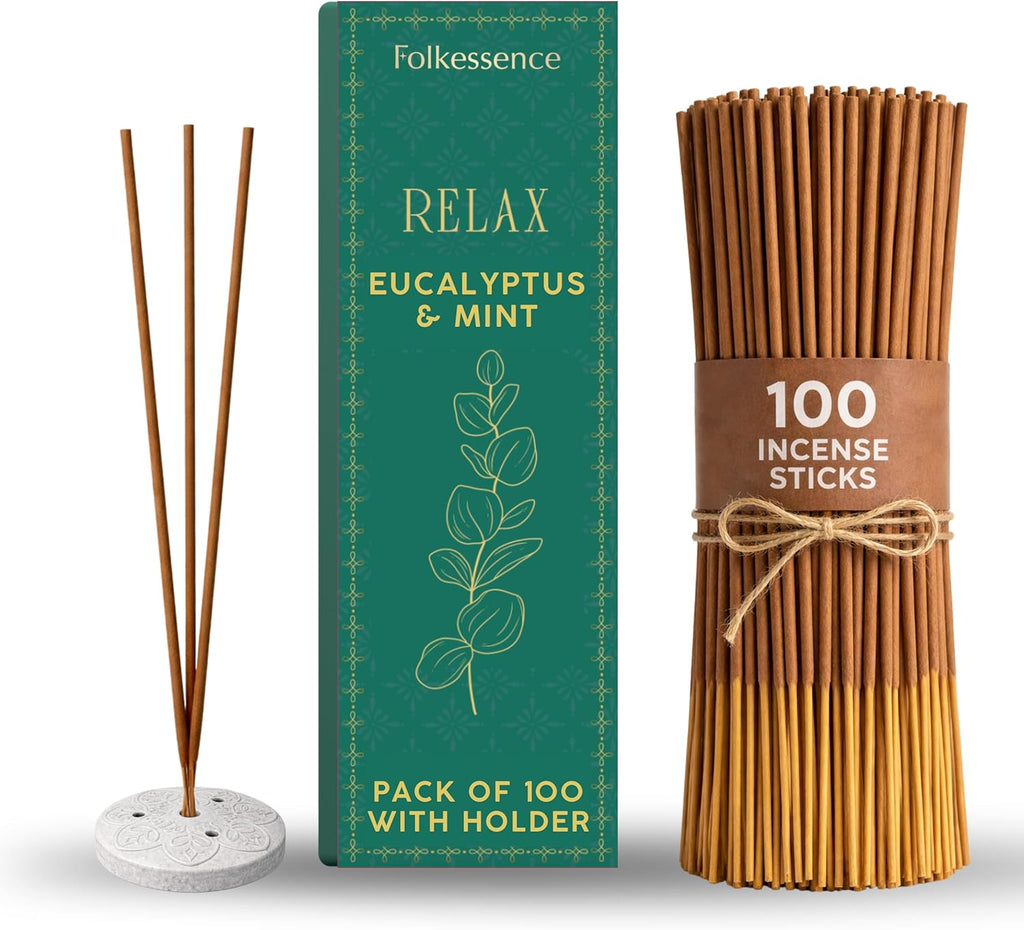 Incense Sticks with Holder (100 Sticks)| Eucalyptus Incense Stick for Meditation, Aromatherapy, Realxation Gifts | No Charcoal,Organic,Non Toxic, 45 Mins, Long Burning Insence-Sticks
