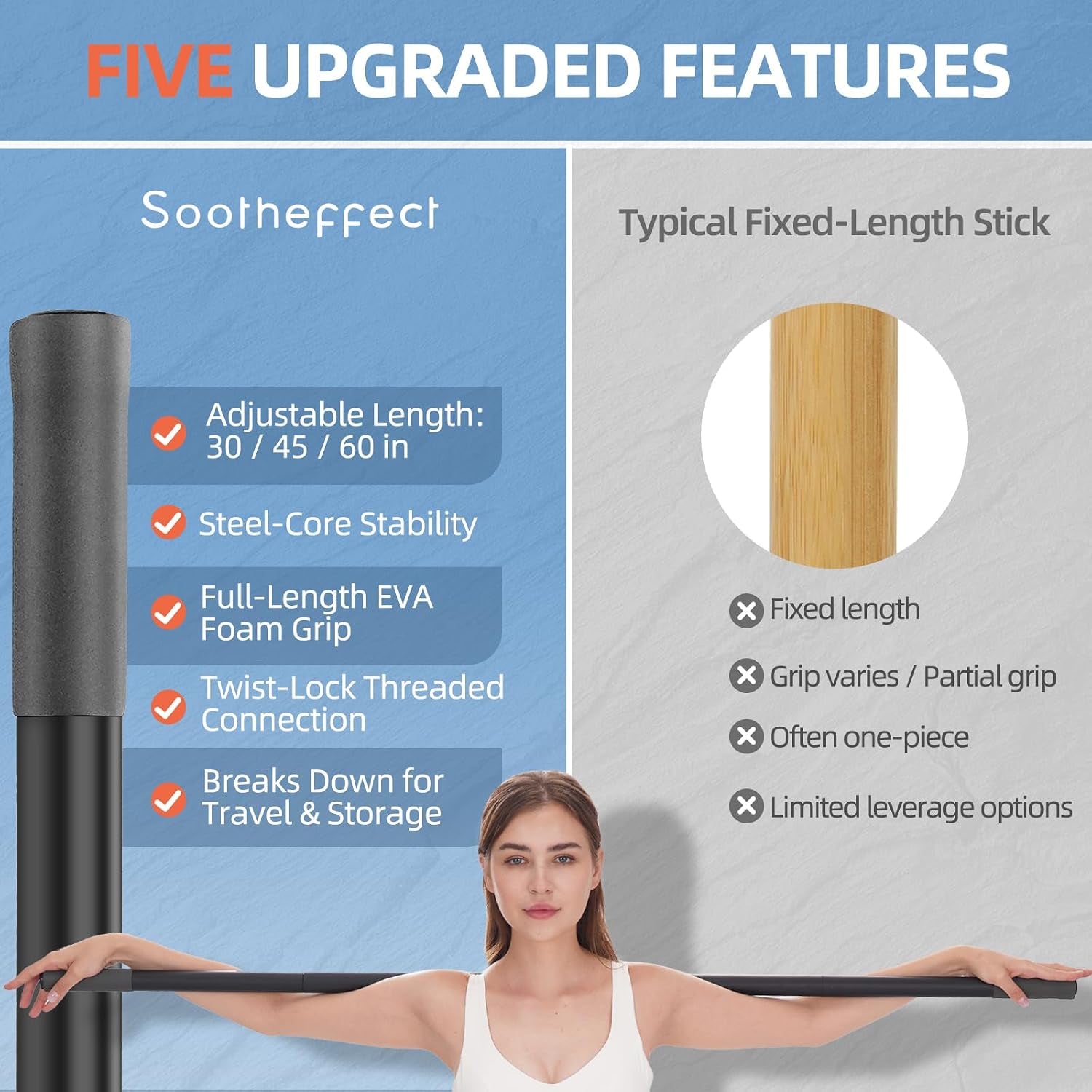 Adjustable Yoga Stick (30/45/60 In), Fully Foam-Sleeved Steel Stretching & Mobility Stick with Exercise Guide, Portable Fitness & Rehab Tool, Carry Bag Included