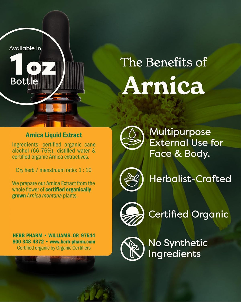Arnica Liquid Herbal Extract: Multipurpose Topical for Face & Body, Certified Organic Arnica Tincture, Made with Whole Flower Arnica, for External Use Only, Vegan, Gluten-Free, Non-Gmo, 1 Oz