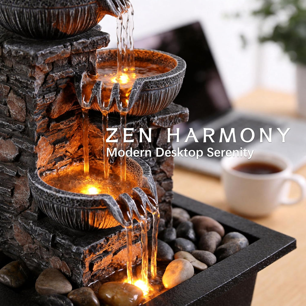 Tabletop Waterfall Fountain 3 Bowls with LED Light, Soothing Water Flow Sound, Zen Meditation Decor for Home and Office, Relaxation Water Fountains Indoor (23113)