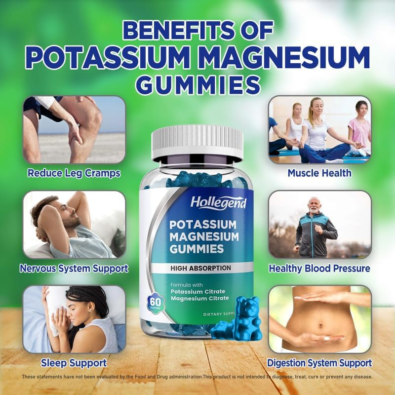 Potassium Magnesium Gummies, High Absorption Potassium Citrate 99Mg Magnesium Citrate 180Mg, Chewable Gummy Supplements for Leg Cramps & Muscle, 60 Count