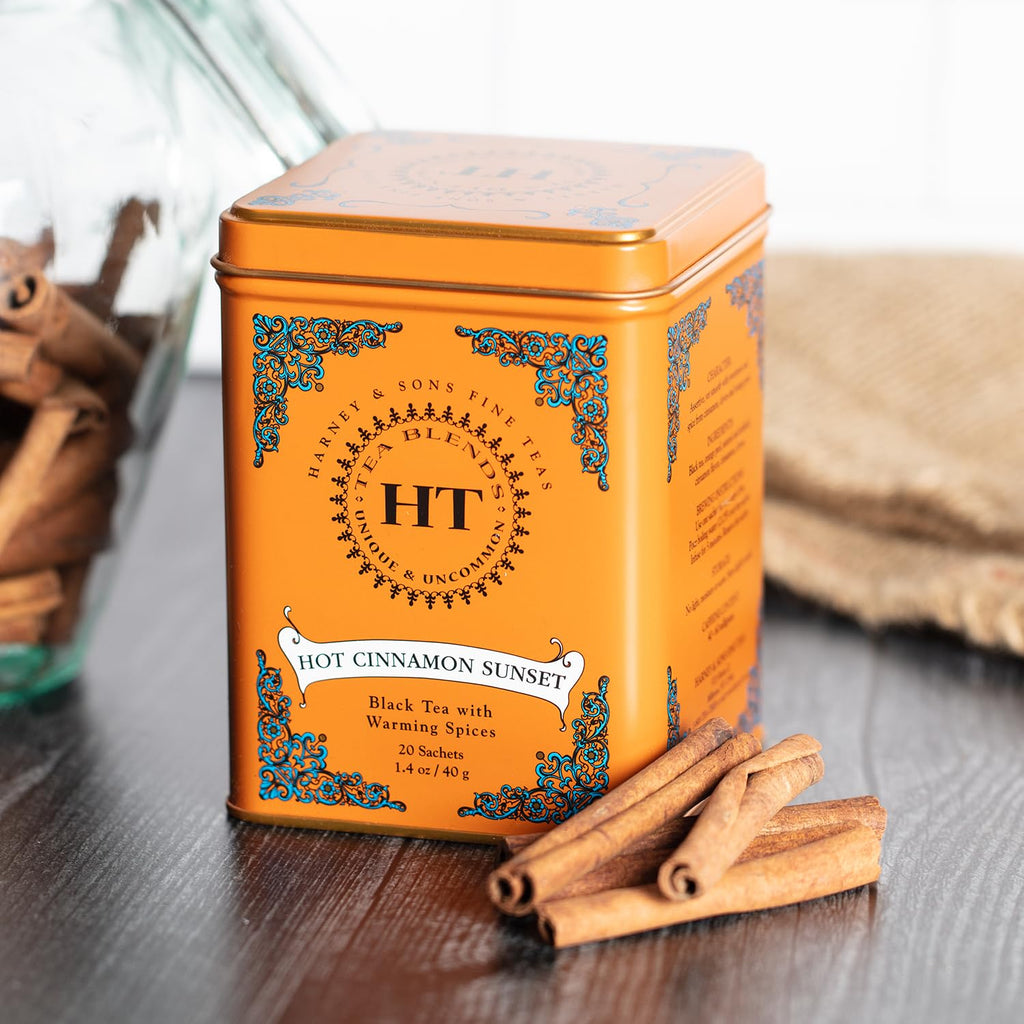 Caffeinated Hot Cinnamon Sunset Black Tea with Orange and Cloves Tin 20 Sachets (Pack of 1)