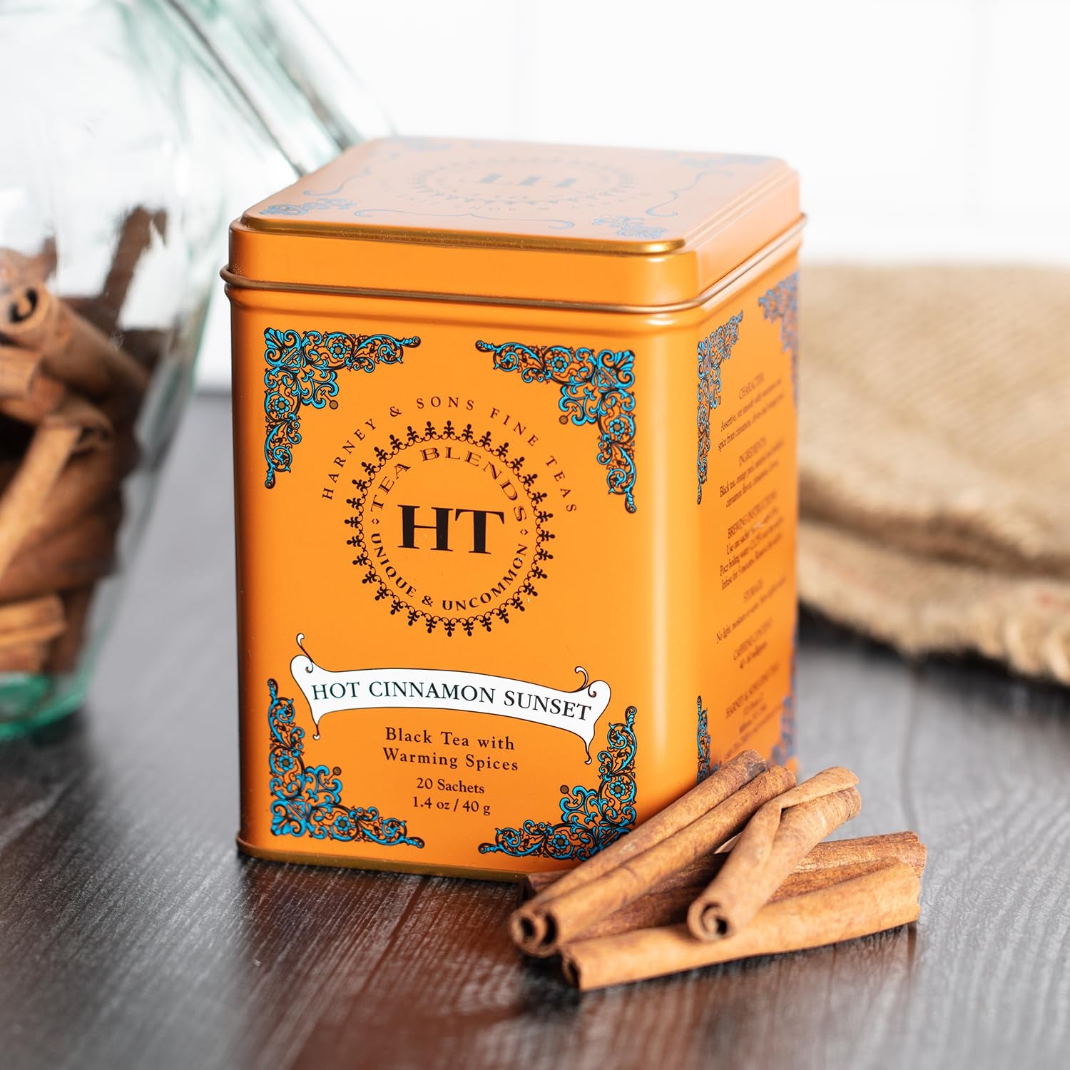 Caffeinated Hot Cinnamon Sunset Black Tea with Orange and Cloves Tin 20 Sachets (Pack of 1)