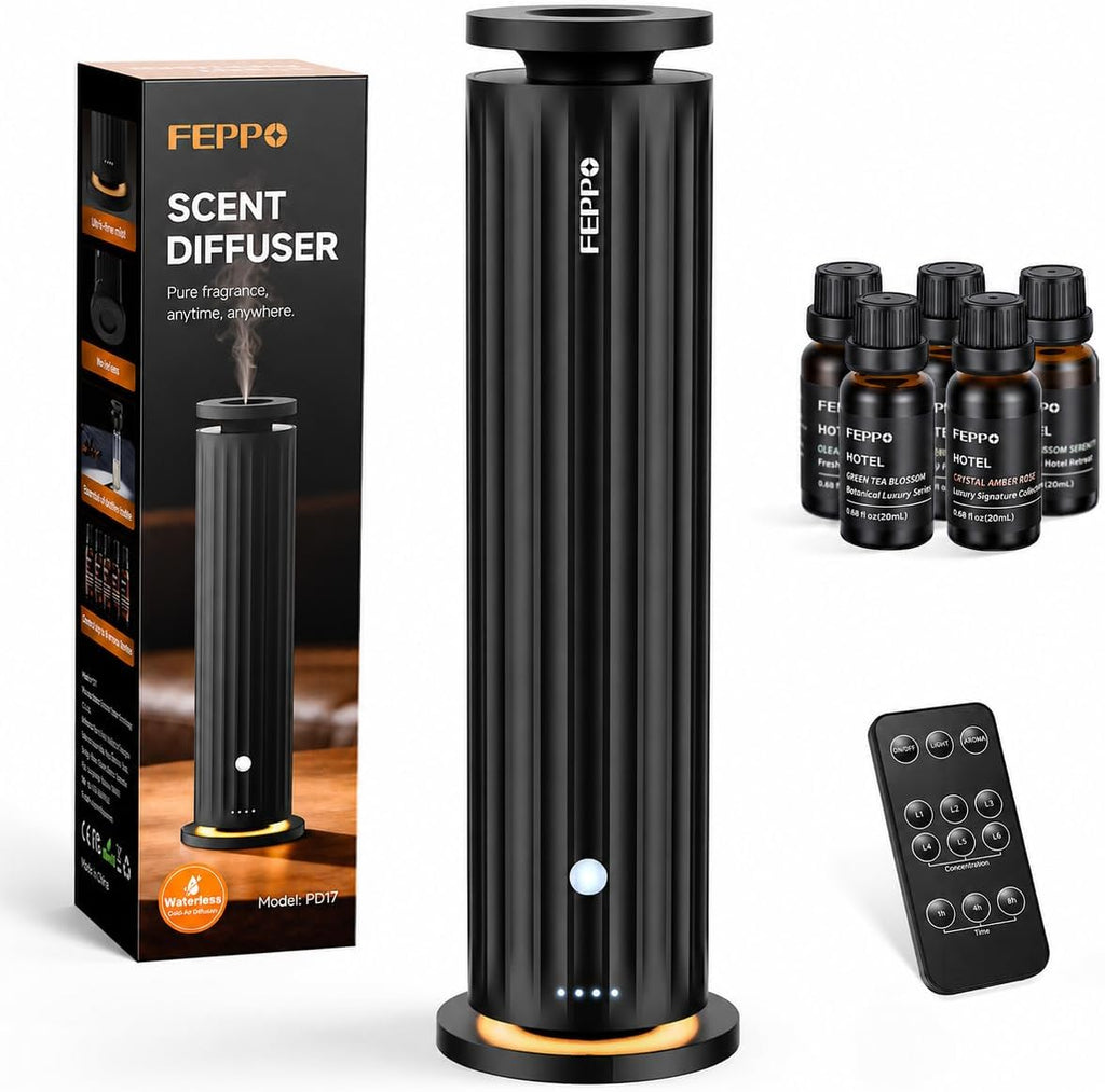 Waterless Diffuser – Diffuser for Home, Hotel, Office | Essential Oil Diffuser Starter Kit with 5×20Ml Hotel Scent Oils, 6 Scent Levels, 4 Timer Modes, Quiet Diffuser, 1000+ Sq Ft