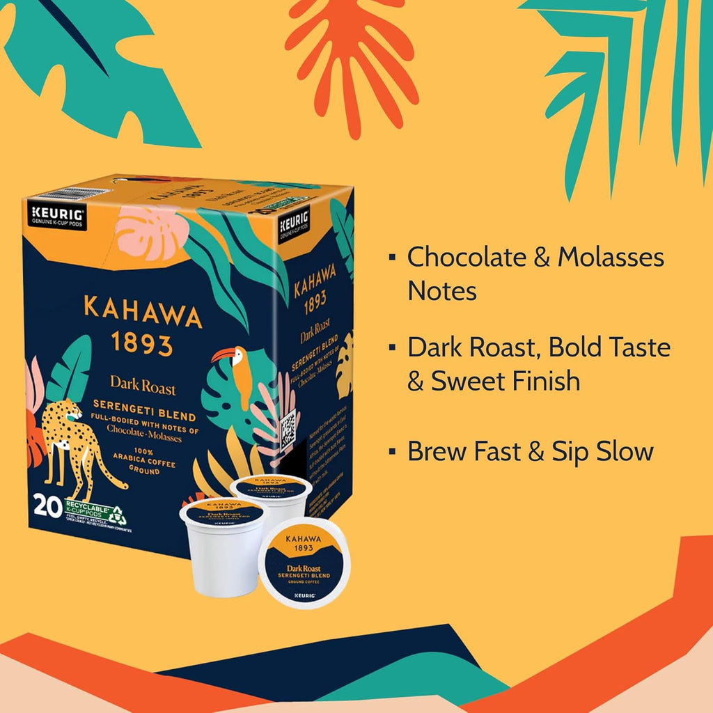 Dark Roast Coffee K-Cup Pods Serengeti Blend (20 Count) - as Seen on Shark Tank, Low Acid, High Antioxidants, Naturally Sweet, Organically Grown, Ethically & Sustainably Sourced