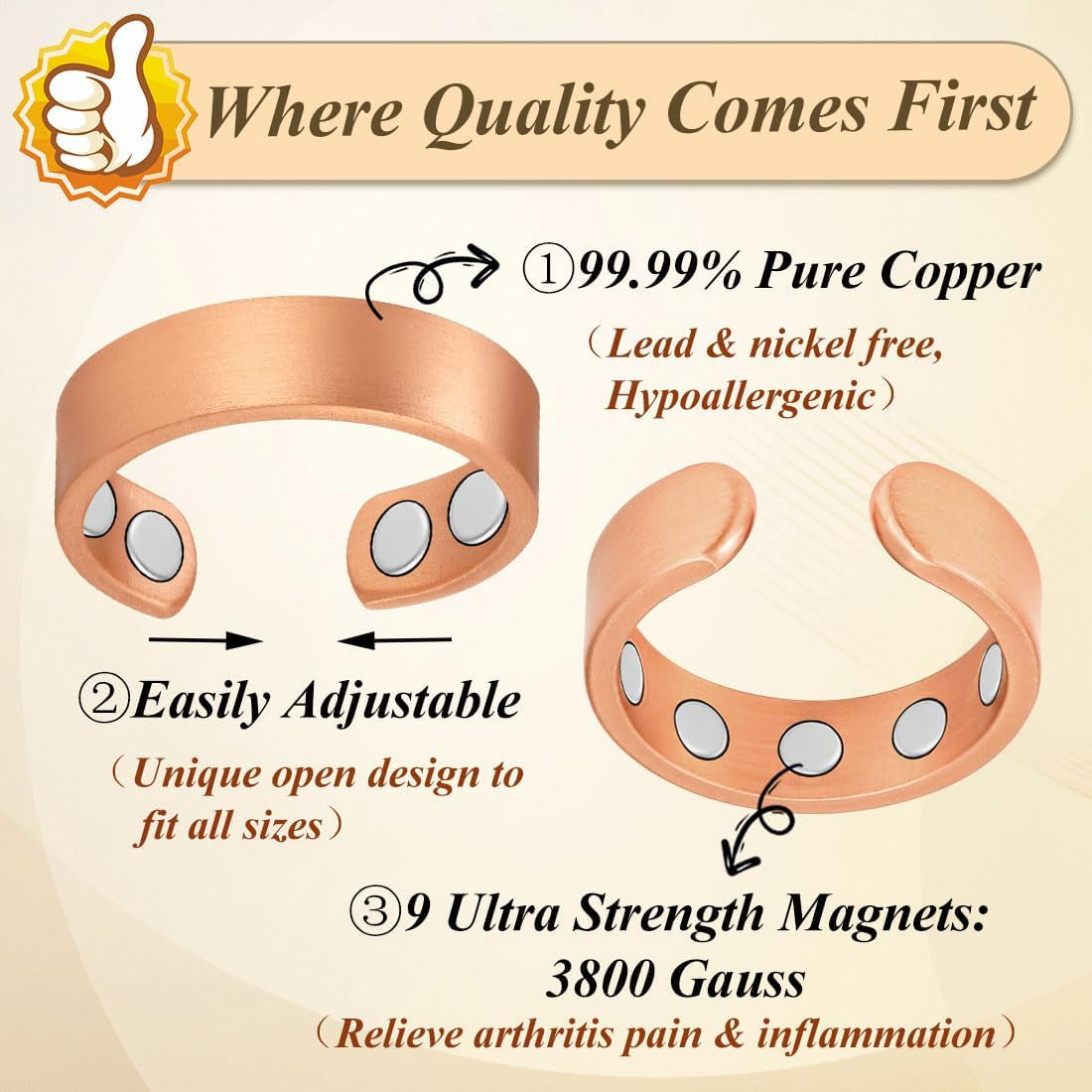Magnetic Copper Rings for Women Strong Magnets Pure Copper