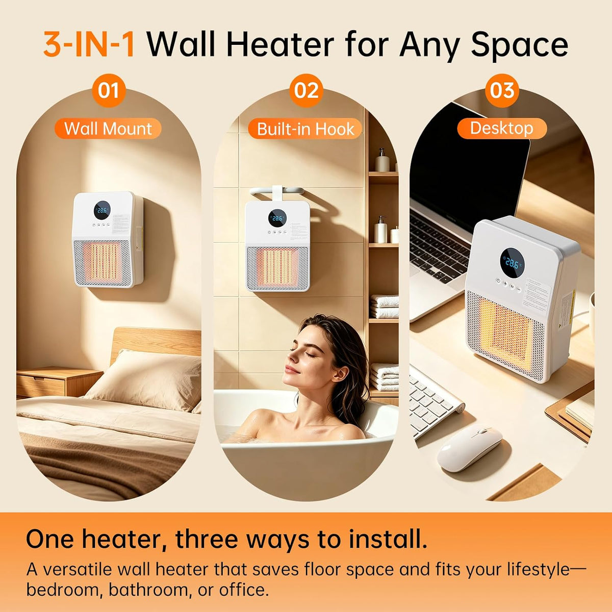 Wall Heater for Indoor Use, 1500W PTC Ceramic Space Heater, Remote