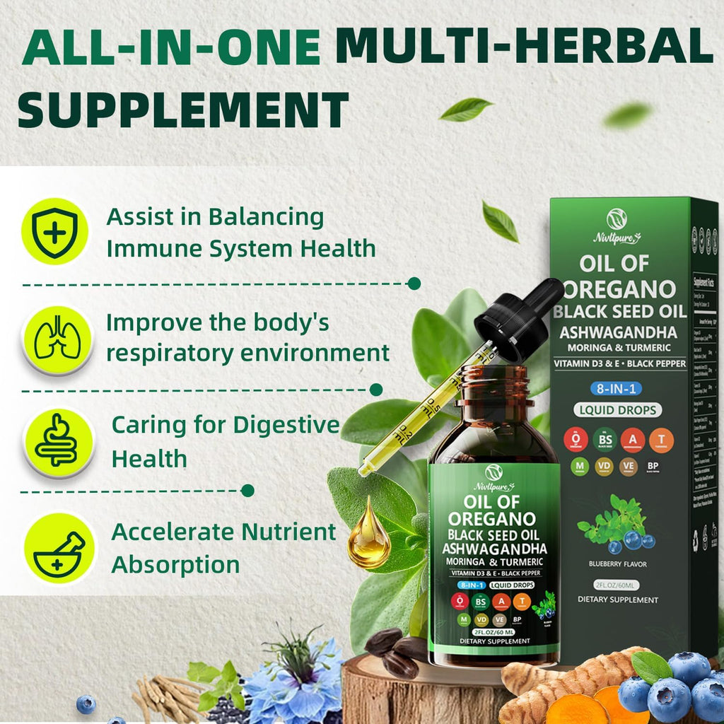Oil of Oregano with Black Seed Oil | 8 in 1 Organic Oregano Oil Drops with Ashwagandha, Moringa & Turmeric | Natural Herbal Supplements for Immune Support & Stress Relief | Vegan Friendly, 2 Fl Oz