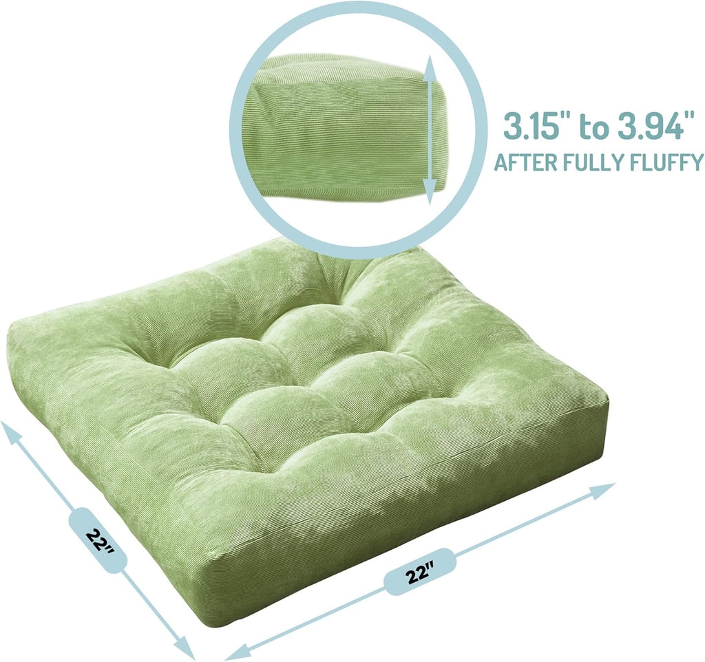 Meditation Floor Pillow Set of 2, Square Large Pillows Seating for Adults, Tufted Corduroy Cushion for Living Room Tatami, Green 22X22 Inch