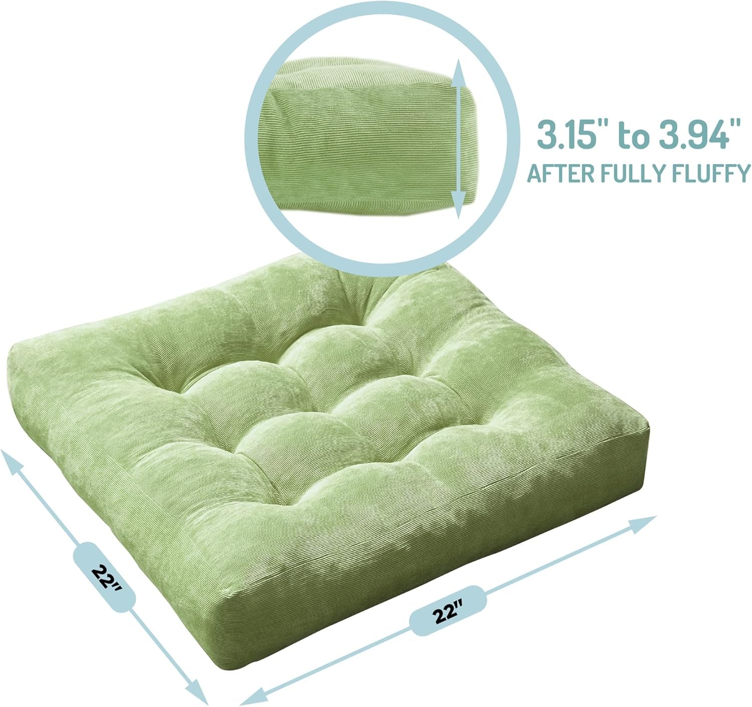 Meditation Floor Pillow Set of 2, Square Large Pillows Seating for Adults, Tufted Corduroy Cushion for Living Room Tatami, Green 22X22 Inch