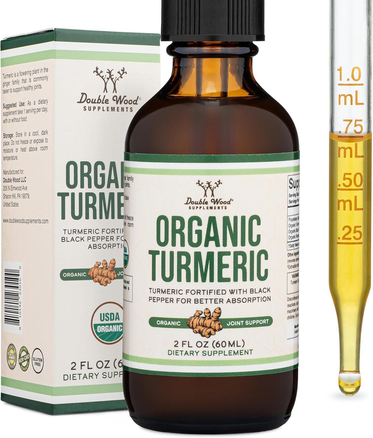 Turmeric Curcumin with Black Pepper Drops - Organic Turmeric Supplement Drops 1,180Mg - 2FL OZ, 60 Servings (With Black Pepper Seed, Ginger, Rosemary, and Sage) for Joint Support by Double Wood