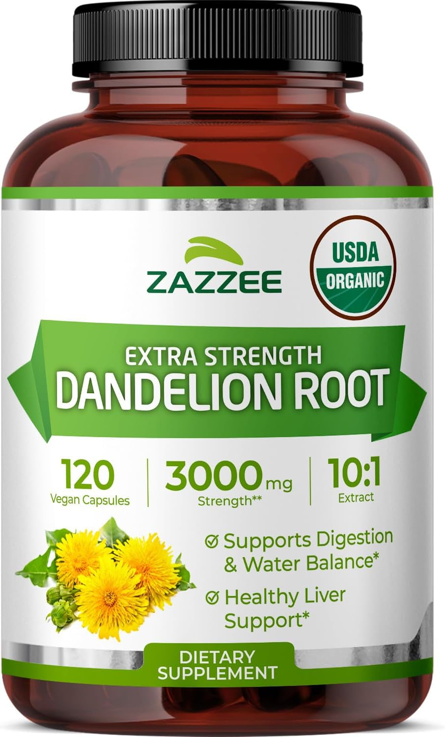 USDA Organic Dandelion Root 10:1 Extract, 120 Capsules, 4 Month Supply, Liver & Detox Support, Taraxacum Officinale, Organic Herbal Supplement, All-Natural, Non-Gmo, Made in the USA